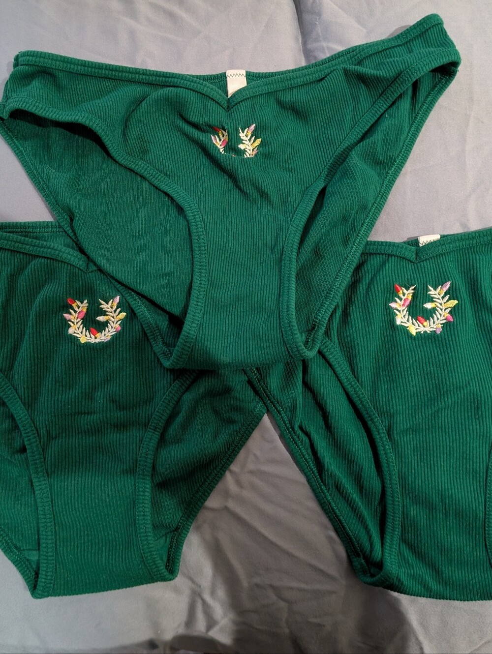 Victoria's Secret Emerald Ribbed Bikini Briefs with Floral Wreath Embroidery